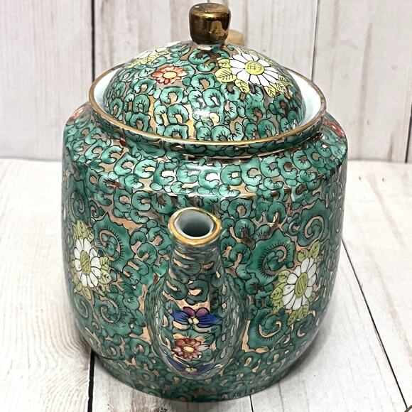 Vintage A.C.F. Mid Century Japanese Porcelain Tea Set Green Floral Gold Enamel - Picture 11 of 16